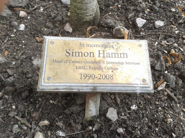 The plaque at the bottom of the tree planted for my predecessor Simon Hamm.